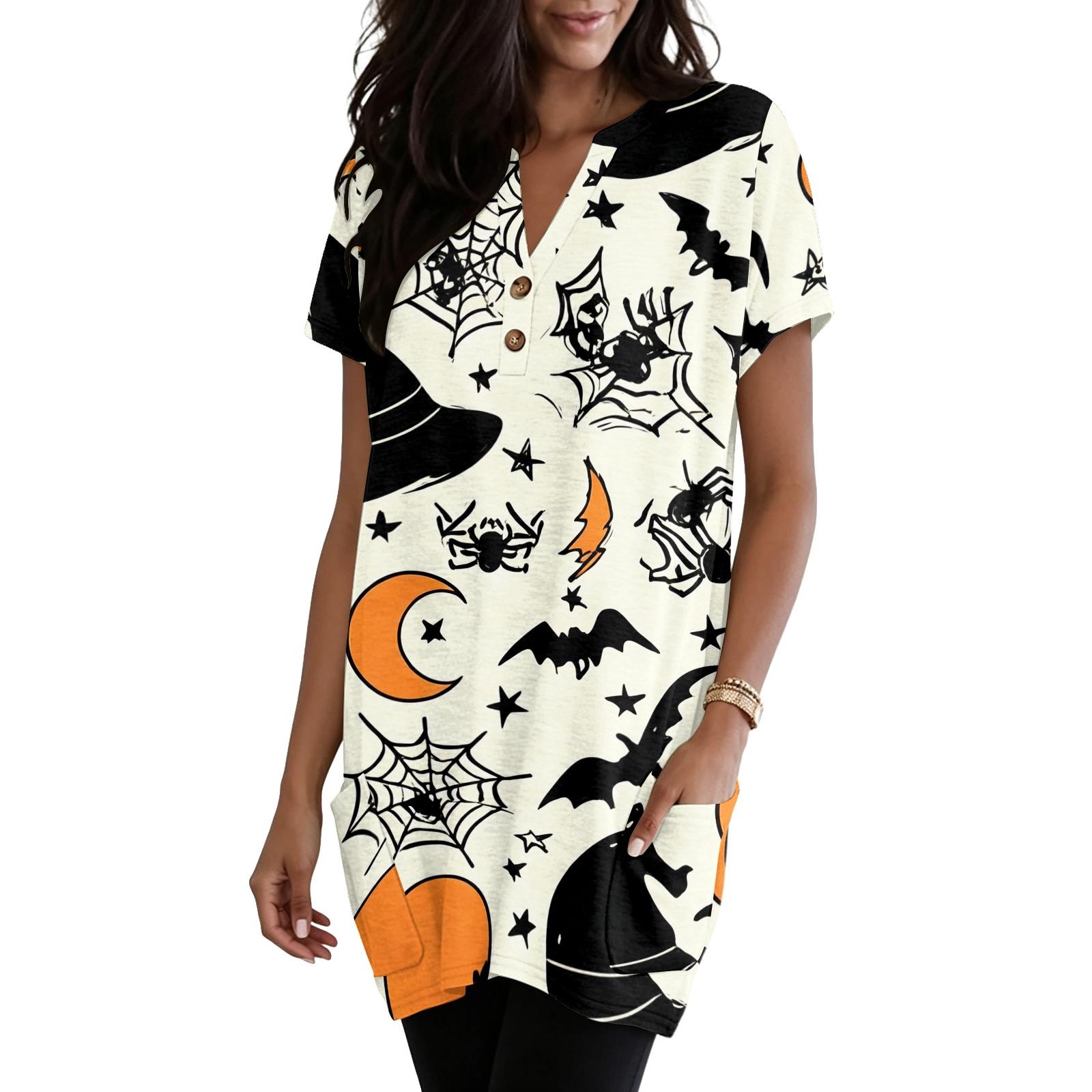 Women s V-Neck Halloween Print Short Sleeve T-Shirt with Pocket L