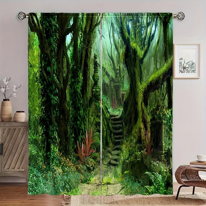 

2PCS Light Filtering Forest Print Curtains Rod Pocket Top for Kitchen Living Room Office Bedroom Home Decor 100*130 Rod Pocket 1pcs