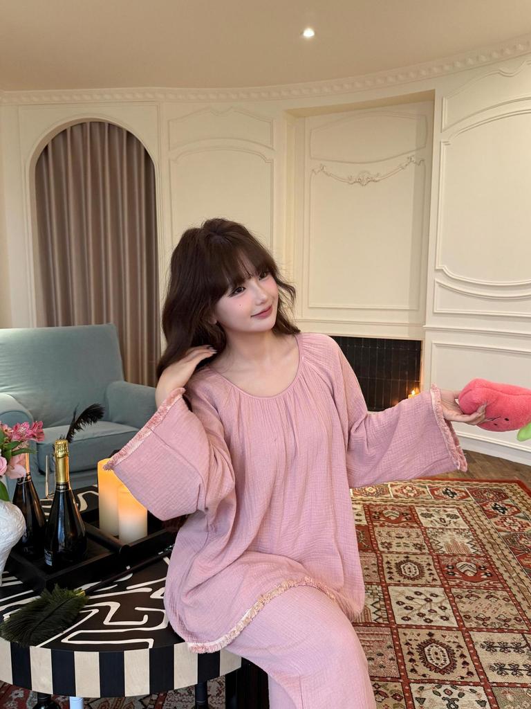 Women's Cotton Pajama Set - Solid Color, Long Sleeve, Long Pants, Casual Relaxed Fit for Spring/Summer.