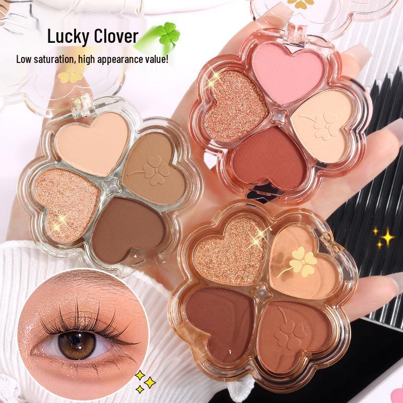 Four-Leaf Eyeshadow Palette: Shimmer, Pearl, Matte Earth Tones for Daily Student Makeup, 4 Colors
