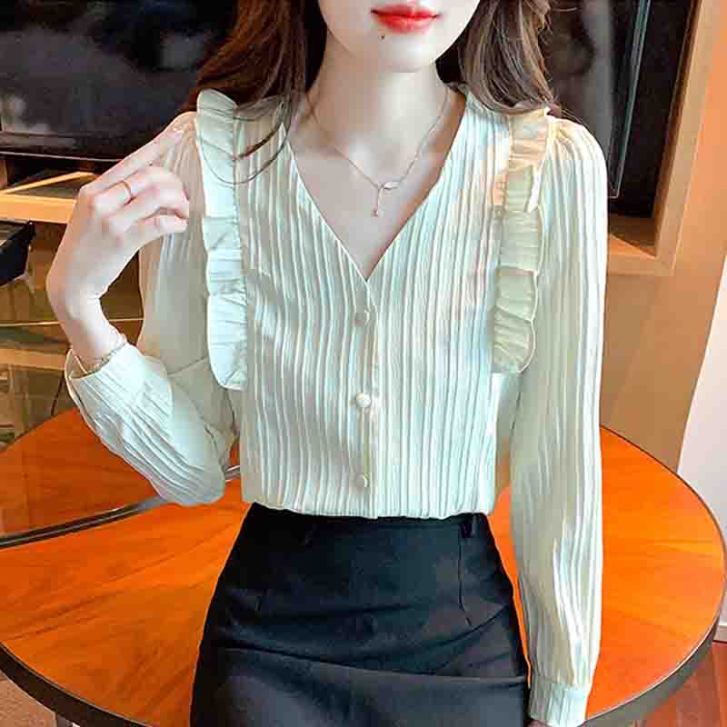 

Мода 2024 осень с длинным рукавом оборками V-образным вырезом белая блузка рубашка женские топы блузки рубашки J559 2XL жёлтый