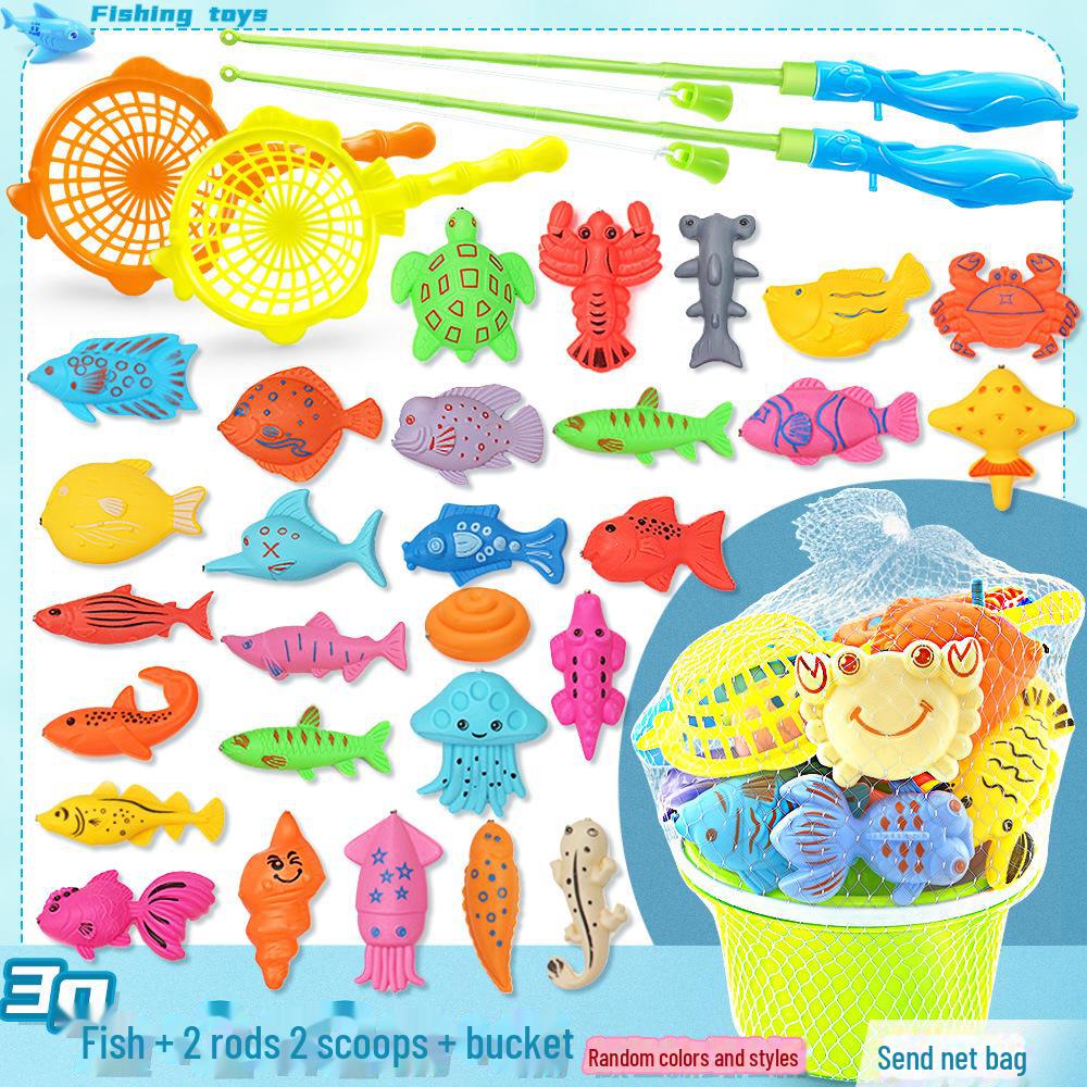 Children's Magnetic Fishing Toy Set with Luminous Fish, Rod, and Net for Water Play
