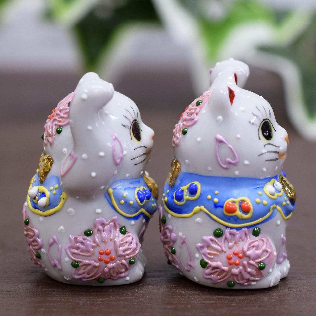 Waza No Kura Ornament Kutani Ware Chibi Lucky Cat Opening Celebration Birthday Present Pair Gift Sakura-chan