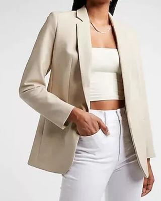 AL KHALID Real Lambskin Leather Party Beige Wear Stylish Blazer Button Genuine Women's