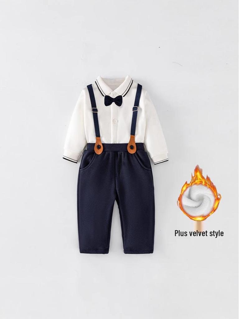 British Baby Boy Overalls Set: Two-Piece Formal Wear for Spring/Autumn - 1-Year-Old Long-Sleeved Gentleman Shirt