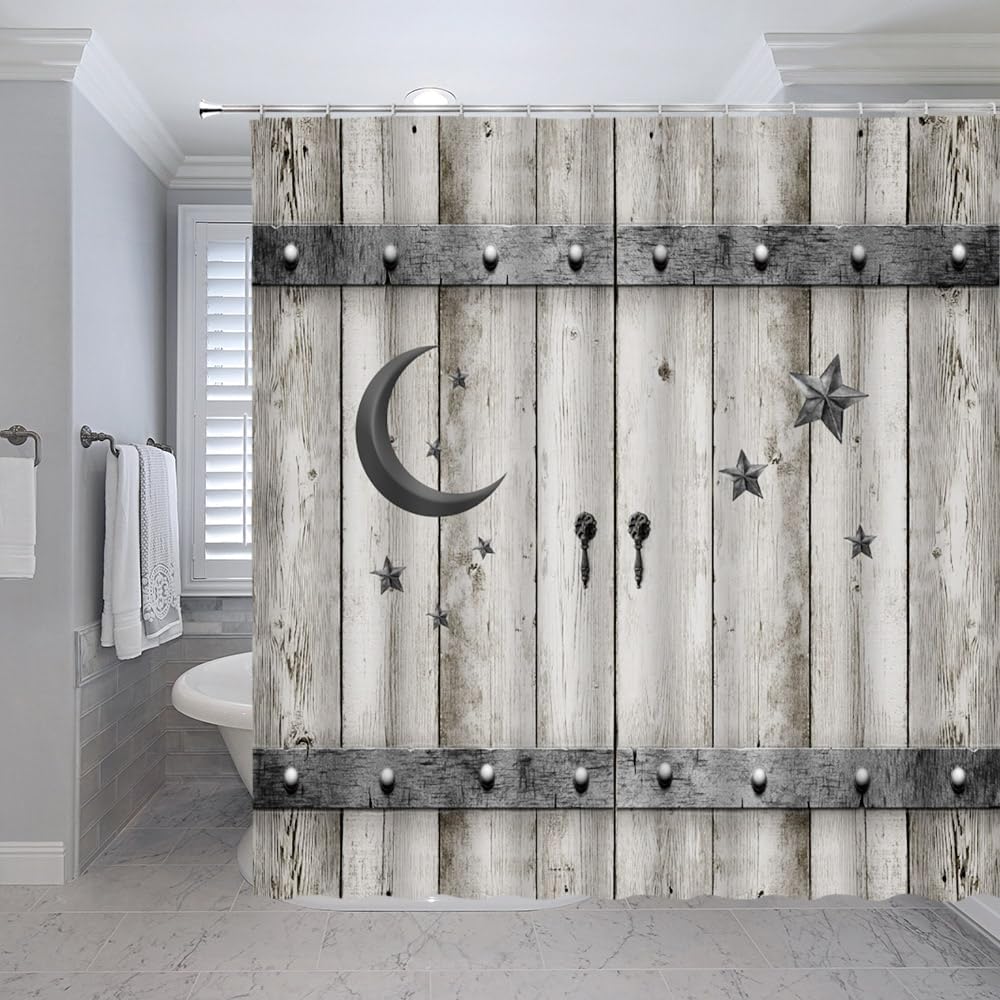 Country Barn Door Shower Curtain Farmhouse Rustic Wood Islam Crescent Moon Star Modern Vintage Western Country Grey Wooden