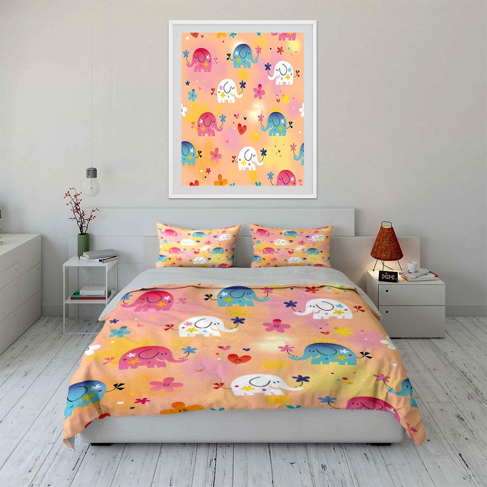 Colorful Elephant Pattern Decor Set Bedding Set with 1 Duvet Cover 2 Pillowcases Single Double King Queen Gift