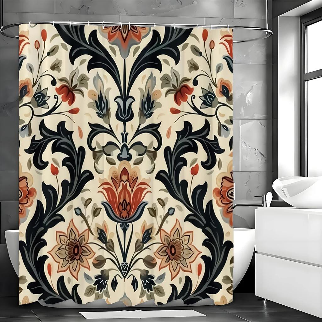 Vintage European Floral Shower Curtain, Bathroom Decorative Shower Curtain, Waterproof Shower Curtain with Hooks
