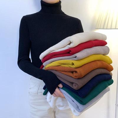 Suéter de cuello alto para mujer, jersey de manga larga ajustado elástico coreano sencillo básico barato, top de color sólido, otoño 2022