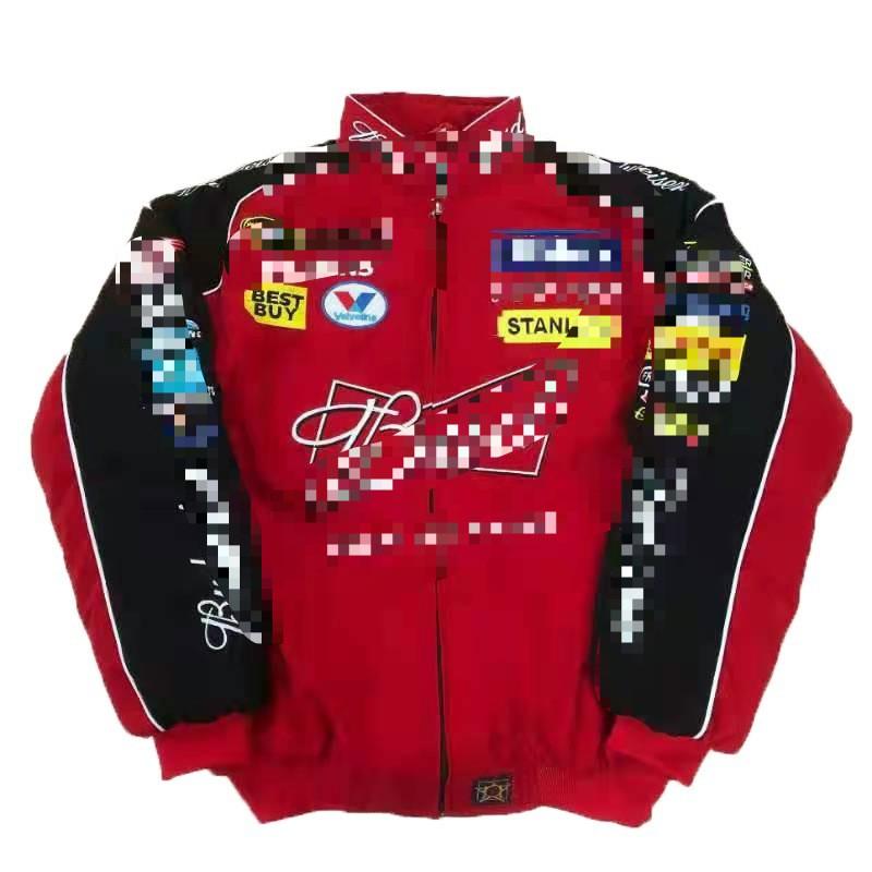 Giacca da Moto Invernale Calda da Uomo Imbottita in Cotone Abbigliamento Esterno Biker con Ricamo Retro Nero Rosso