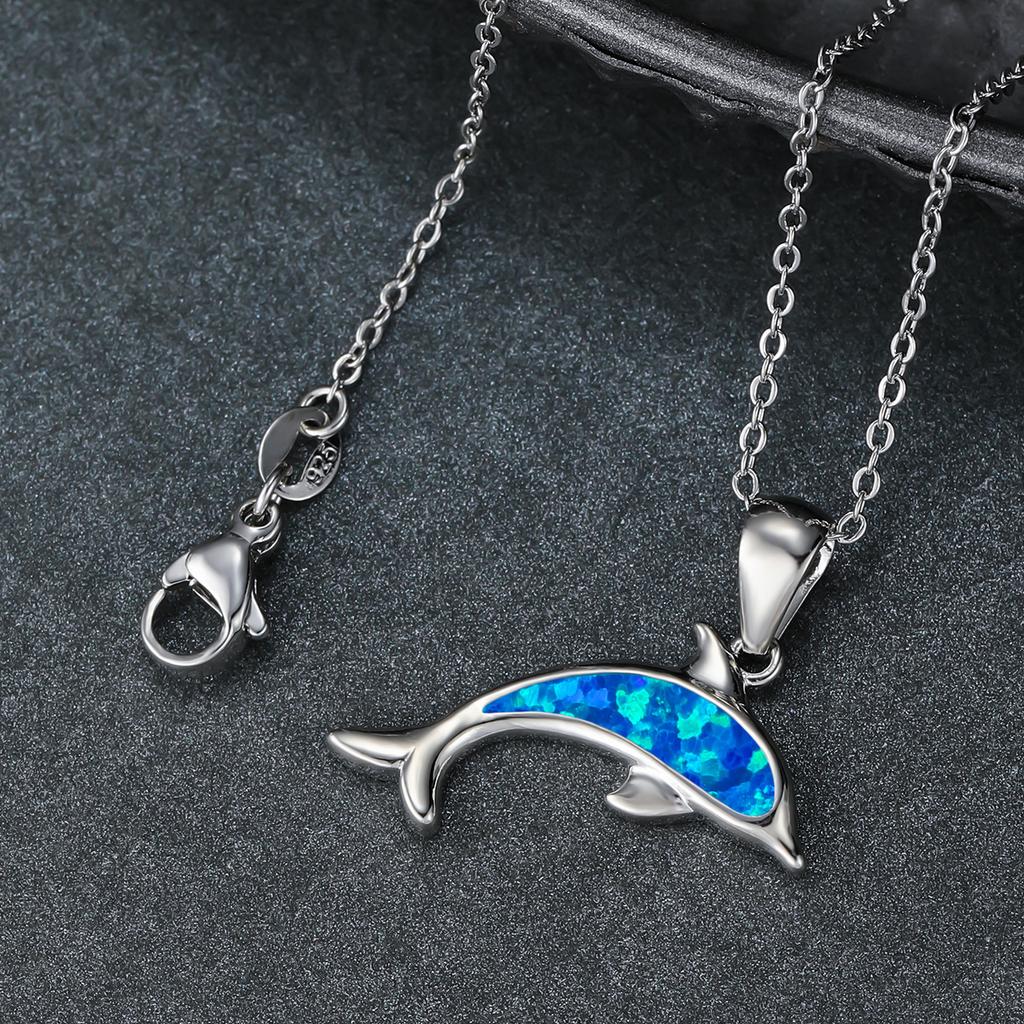 Wish Explosive Platinum Blue Opal Ocean Series Dolphin Pendant Simple Women's Versatile Necklace Clavicle Chain
