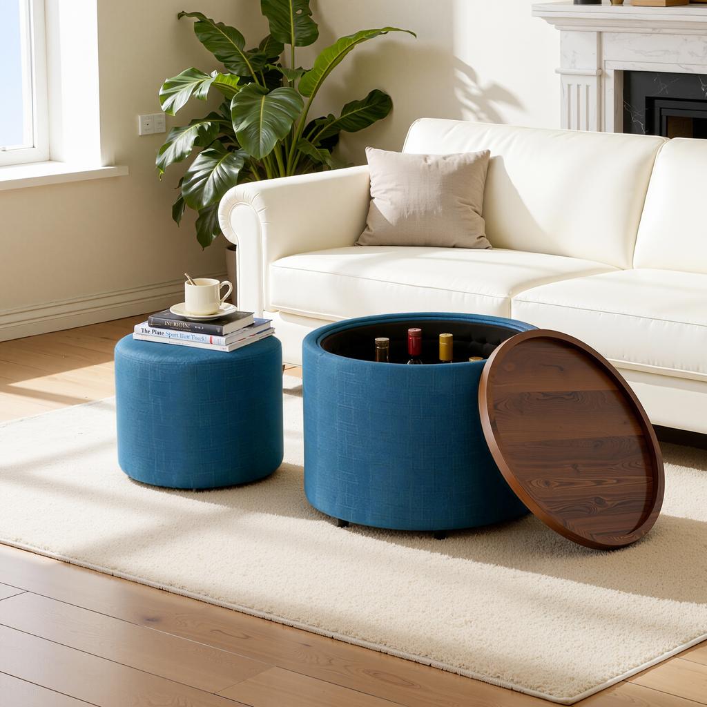 Ball & Cast 2-Piece Set Nesting Stools with Storage, Footstool with Linen Cover and Wood Tray, 58 cm Round Coffee Table & Bench, Blue