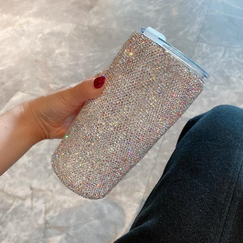 500ml Double Stainless Steel Insulation Cup Sparkling Rhinestone Tumbler Coffee Mug Outdoor Hand-held Vacuum Thermos Flasks 500ml