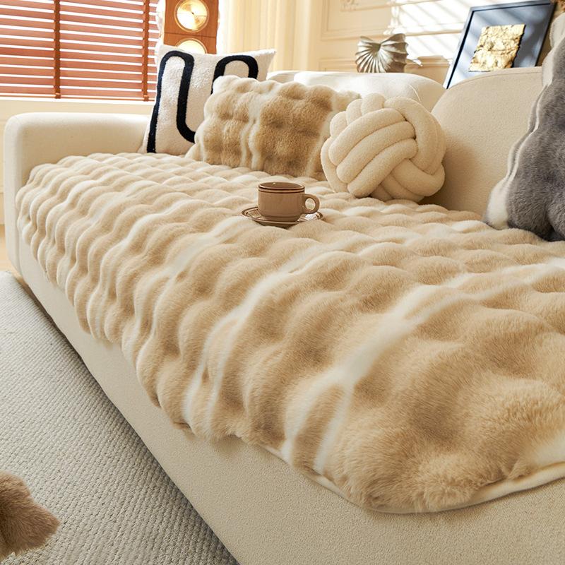 2024 New Autumn and Winter Rabbit Plush Special-shaped Irregular Sofa Cover Non-slip Cover Light Luxury Premium Straight Row Sofa Cushion