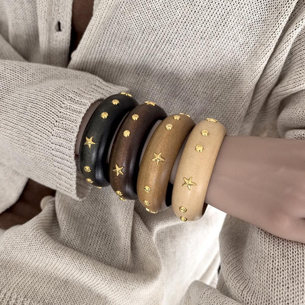 DIEZI Punk Fashion 4 Colors Round Wood Bangles Fashion Vintage Hip Hop Geometric Star Wide Bangle Bracelet For Women Men Jewelry