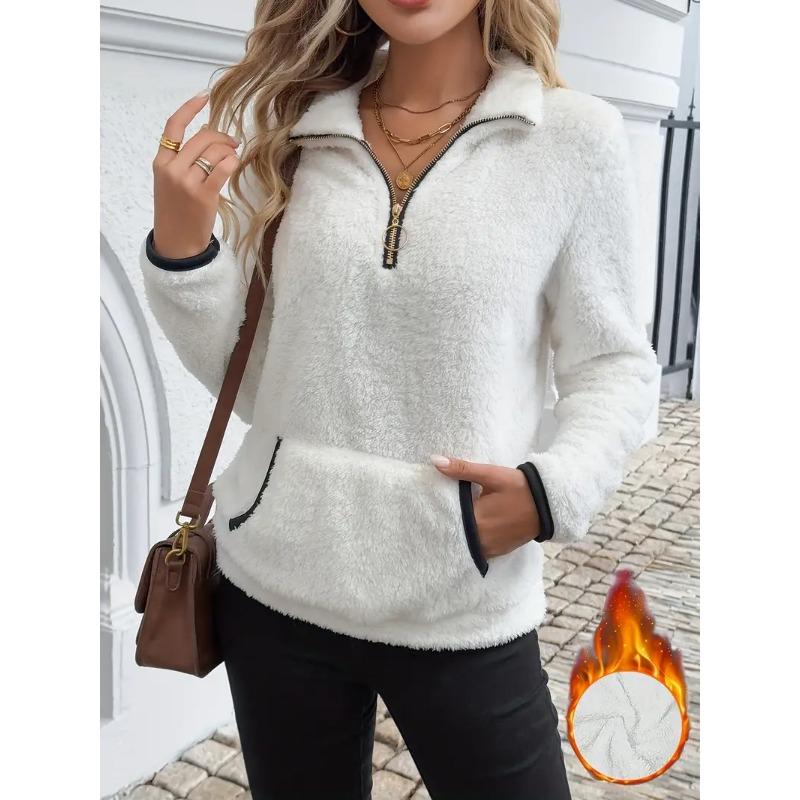 

Женское плюшевое худи с полумолнией, повседневный пуловер с длинными рукавами и передней молнией, уютная толстовка для зимы, домашняя одежда однотонной расцветки L белый