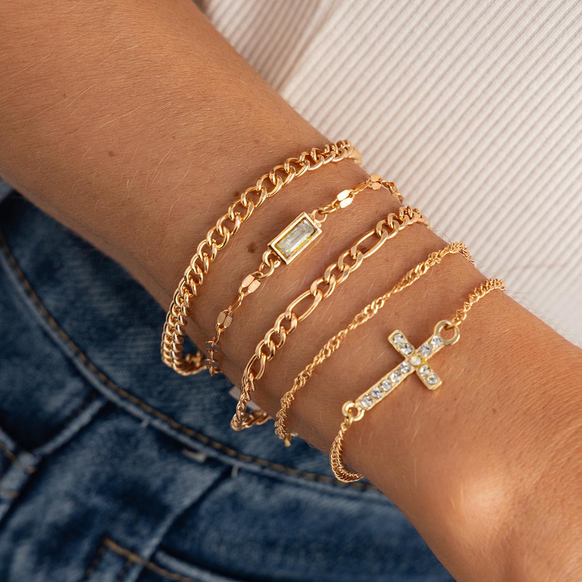 18K Gold-plated Stackable Bracelet Set, Stainless Steel Zircon Cross and Rectangular Pendant Layered Bracelet, Women s Daily Jewelry