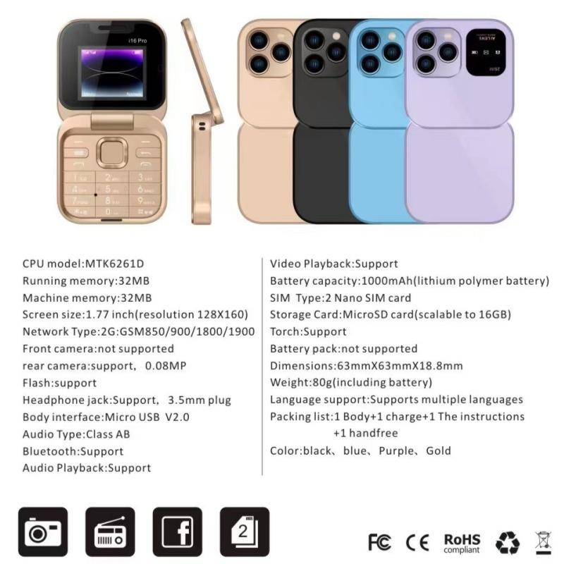 Telefono cellulare per studenti, telefono a conchiglia I16pro, telefono cellulare 2G senza smartphone, telefono cellulare multilingue per anziani