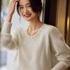 Women's 100% Pure Wool Sweater - Ribbed Design with Flower Bead Embellishments and Round Neck