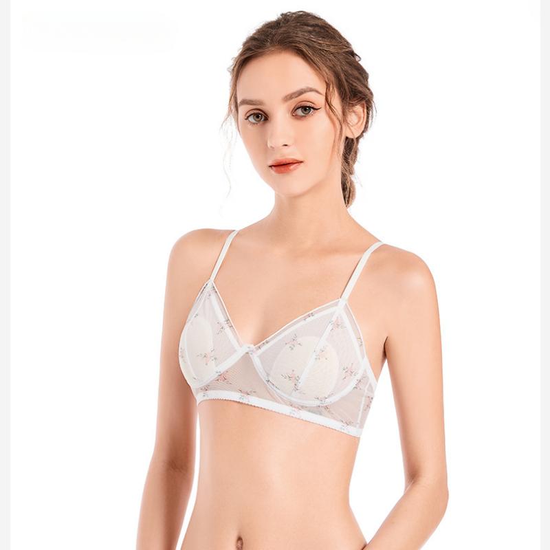 Mesh Trendy Floral Ear-free Underwear Thin Section Steel Ring-free Spaghetti Straps Double-breasted Bra Triangle Cup