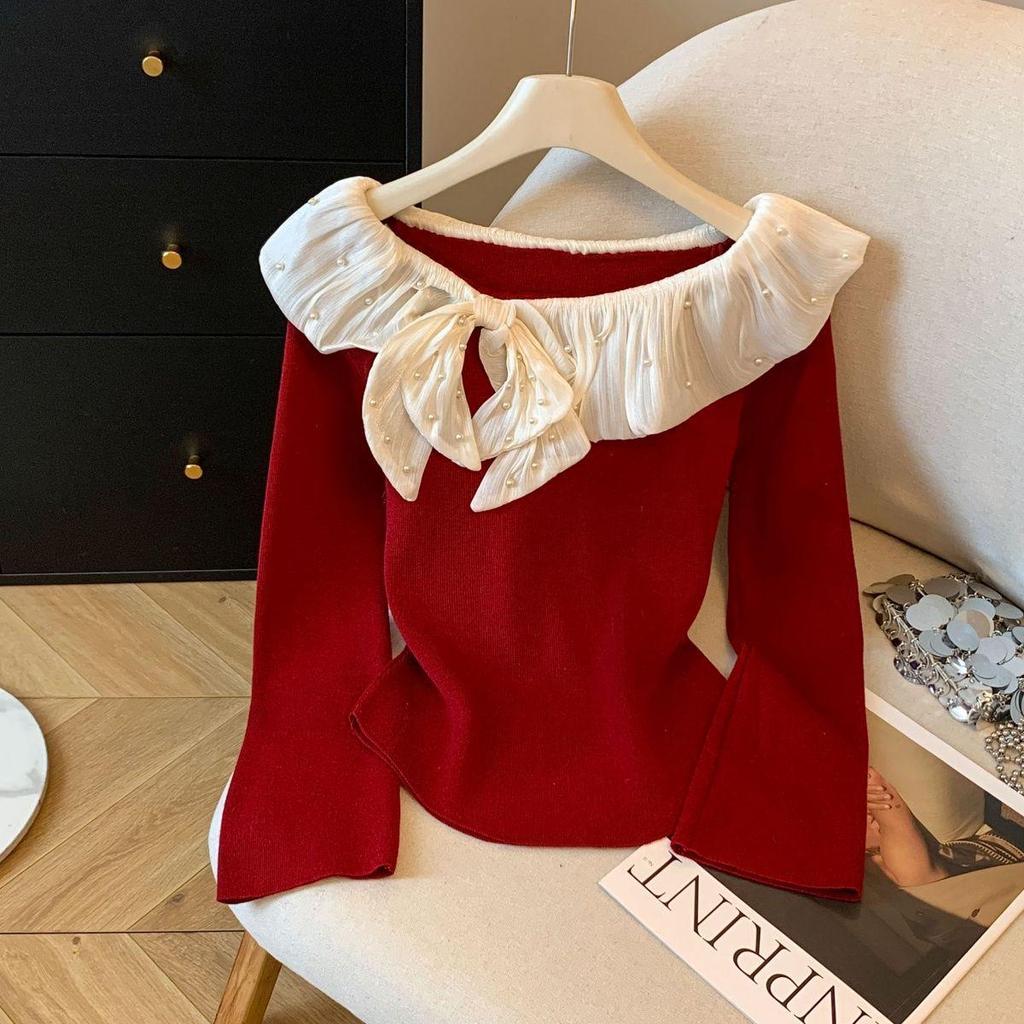Women's Beaded Lace Patchwork One-Shoulder Plush Knit Top - New Autumn/Winter Design