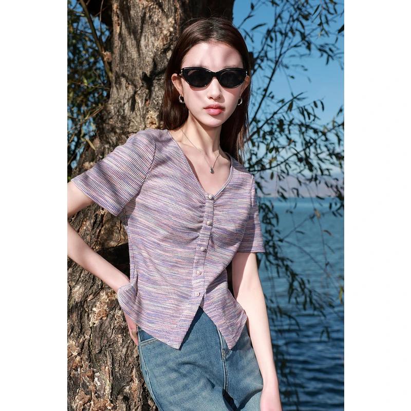Summer Womens Purple Ruched V Neck Short Sleeve Button Down Top M фиолетовый
