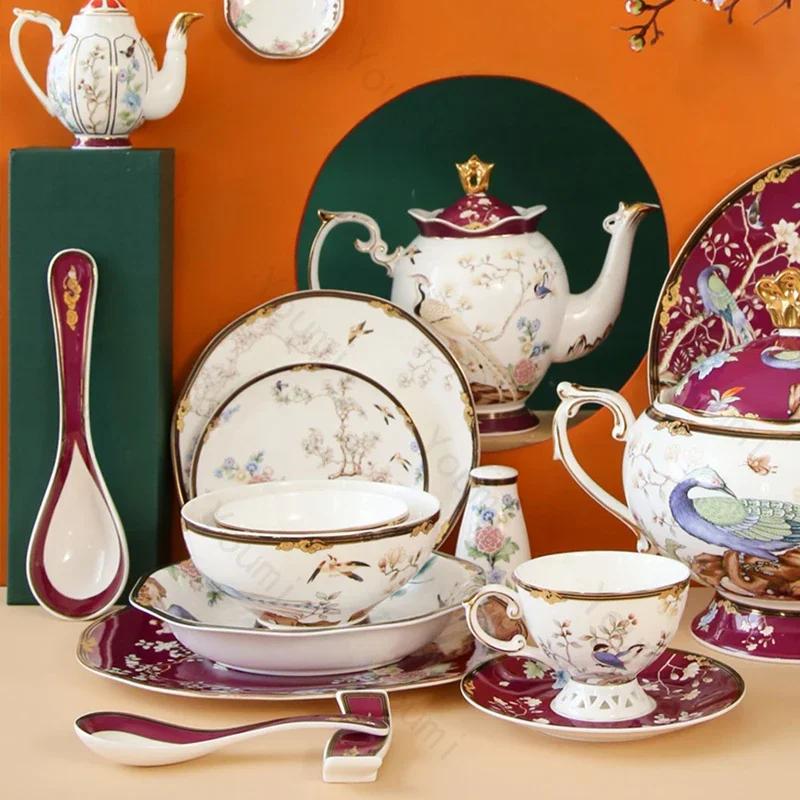Light Luxury Ceramic Plate White Bird Blessing Style Western Dining Plate High End Tableware Set Salad Dishes Serving Tray