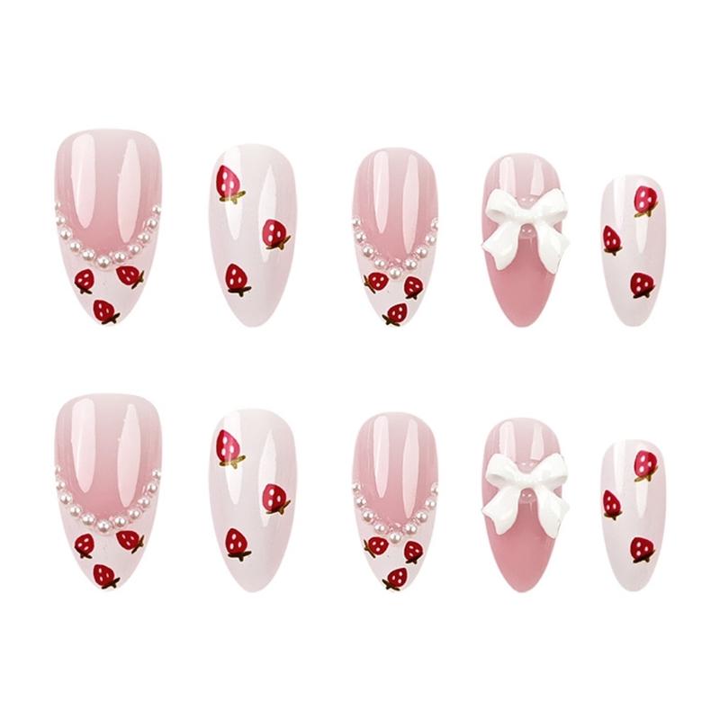 24pcs Short Almond False Nail Acrylic Artificial Nail Full Cover Stick On Nail with 3D Bows and Strawberry Designs
