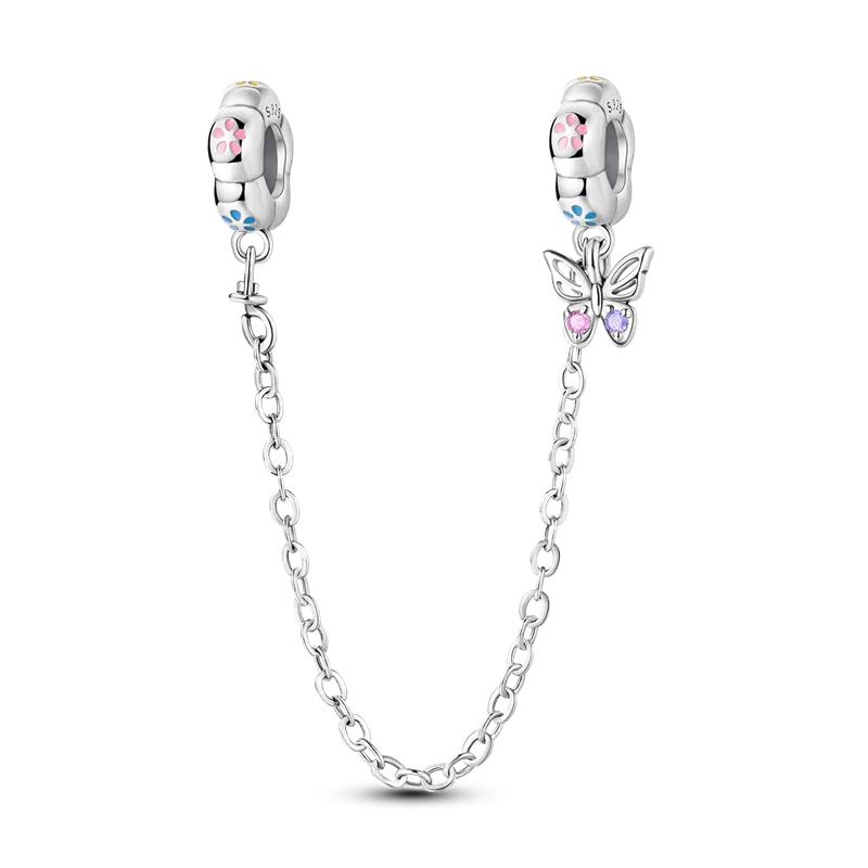 Classic Safety Chain Copper Butterfly Inlaid Zirconium Charms Beads Fit Original Bangle Bracelet Diy Jewelry Gift