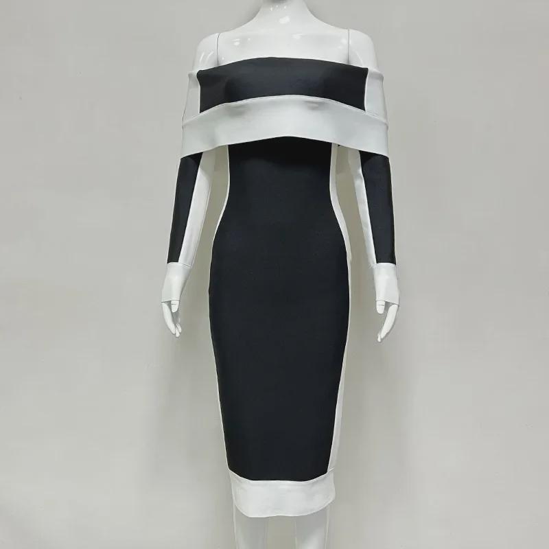 

Черно-белое бандажное платье средней длины на одно плечо M чёрный