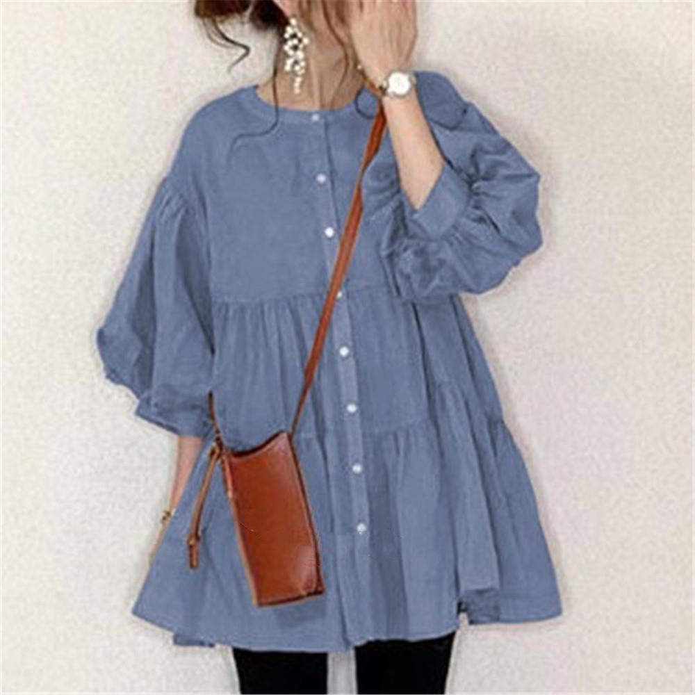 

Japanese Loose-Fit Solid Color Cotton Shirt - Mid-Length, Short-Sleeve, Belly-Covering, 7 Colors Available One Size синий