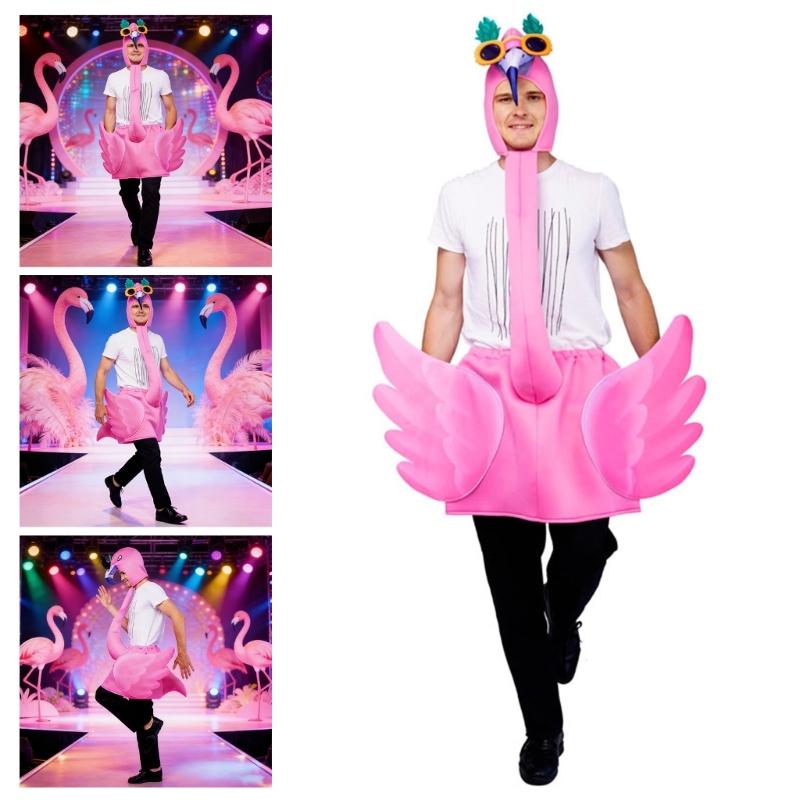 Pink Flamingos Costume Flamingo Hooded Jumpsuits Halloween Cosplay Costumes Flamingo Outfit for Flamingo Themed Party