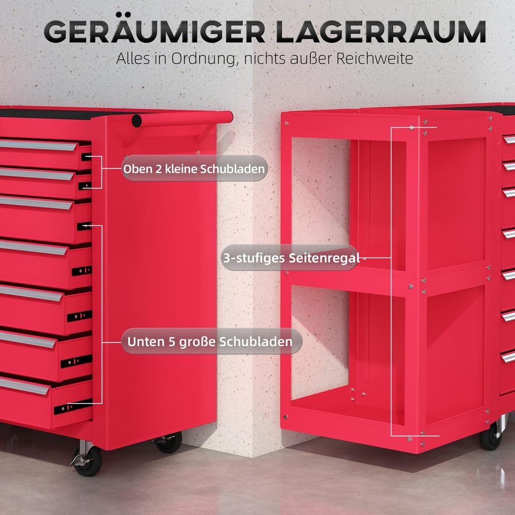 Workshop Cart Tool Cart with 7 Drawers, Removable Side Shelf, 4 Casters with Locking Brake, 96x33.5x75cm, Red