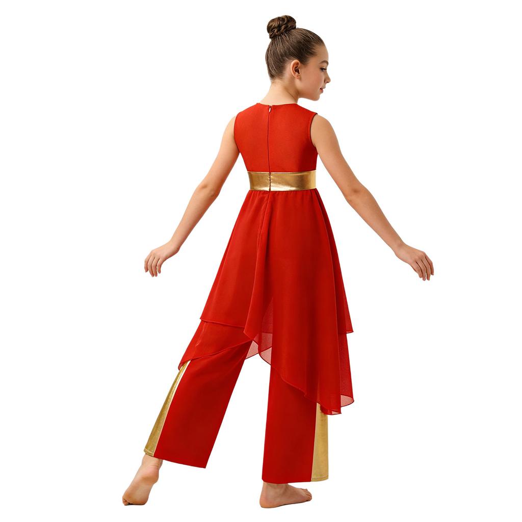 Girls Sleeveless Color Block Metallic Patchwork Dress Wide Leg Pants Praise Worship Dance Costume Set