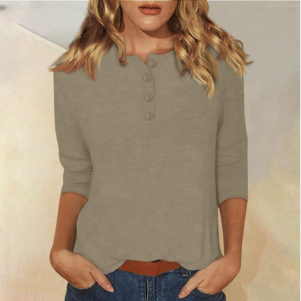 Women's Long Sleeve Round Neck Button Detail Blouse Solid Color Casual Top