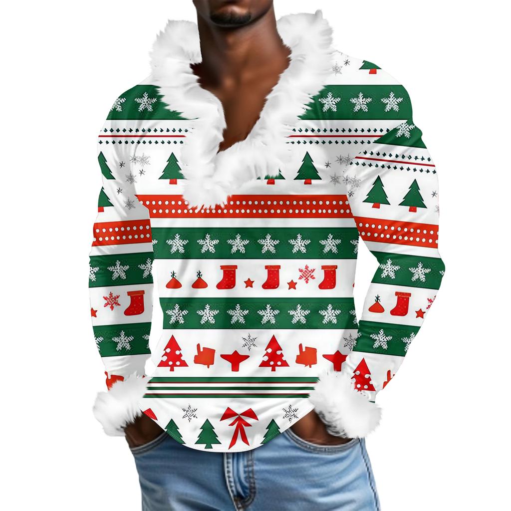 Herren Lässiges Weihnachten Bedrucktes Plüsch V-Ausschnitt und Fleece Langarm-Sweatshirt