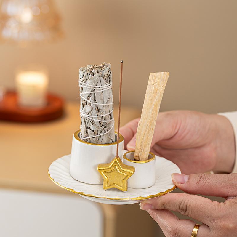 Ceramic Incense Burner Candle Holder Aromatherapy Candlestick Holder Sage Tray Holy Wood Burning Stand Incense Ash Collector