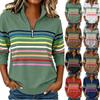 Felpa a righe da donna con zip frontale, colletto a revers, maniche lunghe, pullover casual