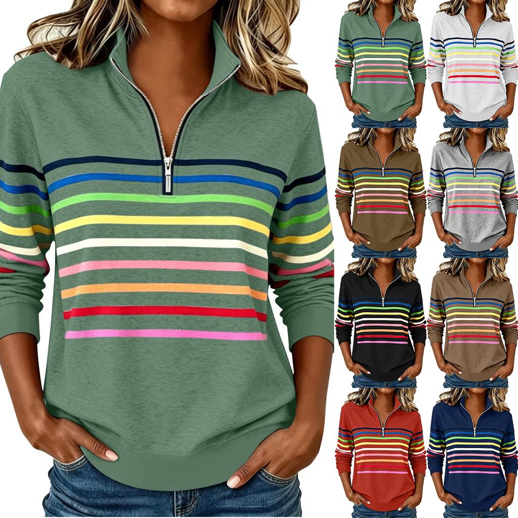 Damen Gestreiftes Reißverschluss-Vorderteil Reverskragen Langarm Sweatshirt Lässiger Pullover