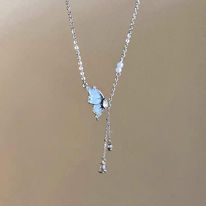 Blue-Gray Pearl Butterfly Tassel Titanium Necklace - Women's Elegant Fairy Clavicle Choker