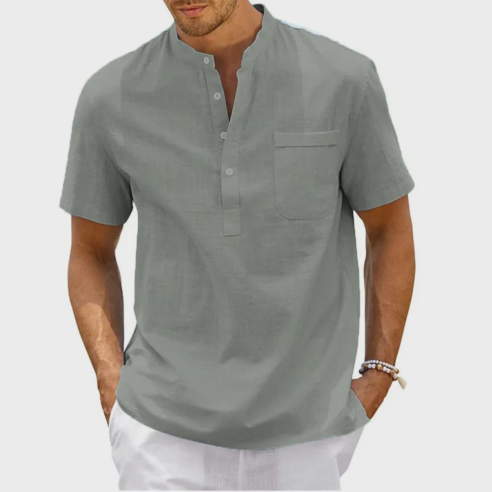 

Men s Summer Cotton-Linen Stand Collar Short Sleeve Pullover Large сірий колір