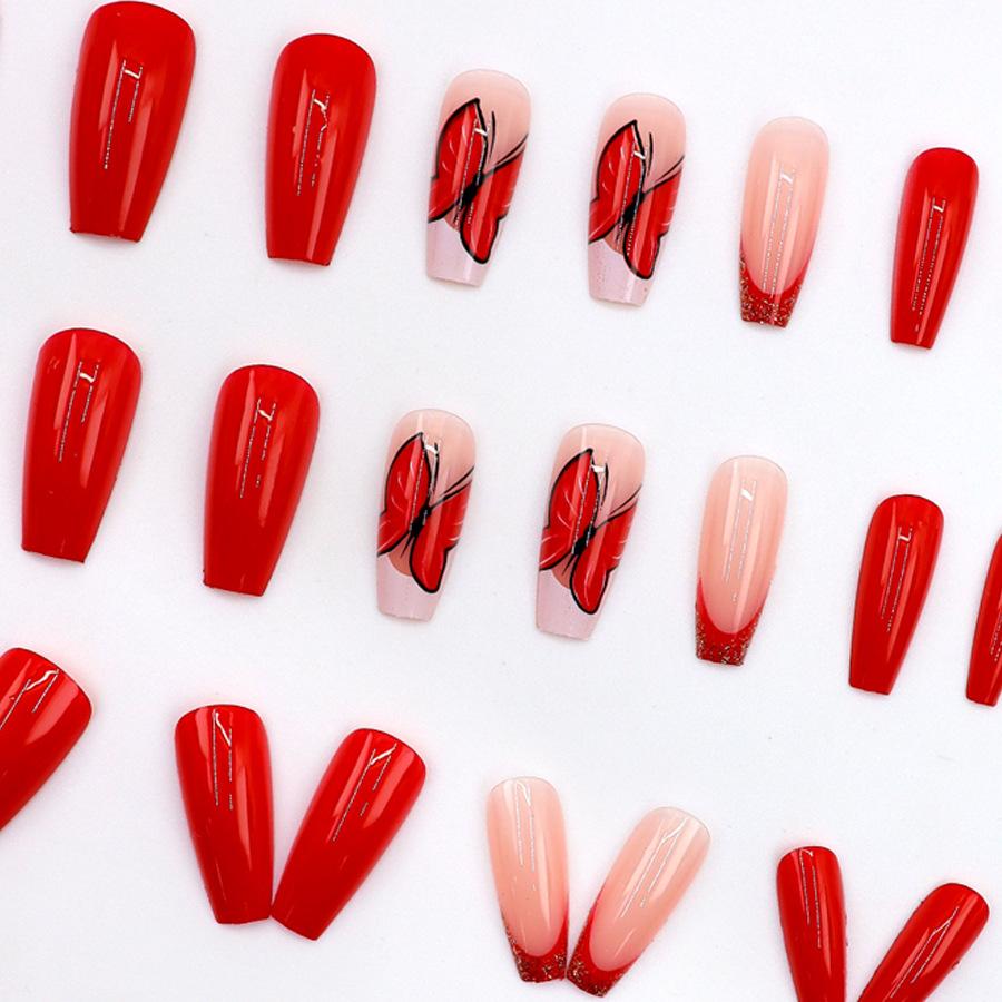 24 Stück rot Ballett Nagelglitzer Französisch Schmetterling Vollfarbe Nagelkunst Stück Temperament Nische elegant tragen Nagel