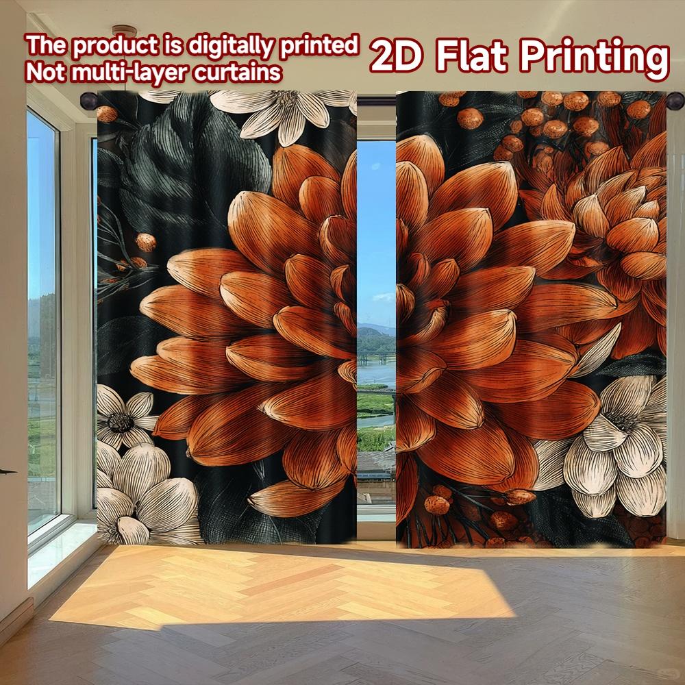 

2D FLAT PRINTING 2pcs Curtains (Without Rod) Floral Elegance in Orange Modern Fashionable Curtainments during the Easter holiday 100*130 Grommet Top 1pcs
