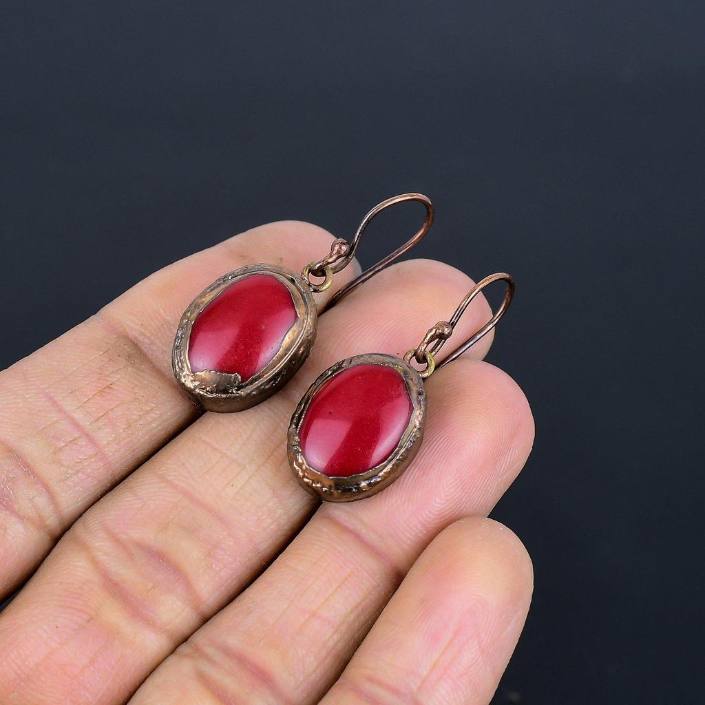 Red Coral Handmade Gemstone Earrings, Copper Electroformed Earrings Antique Jewelry, For Engagement Gift
