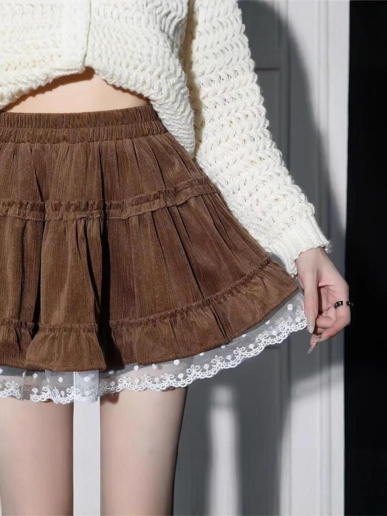 Lace-Trimmed A-Line Flare Skirt for Women - High Waist, Slimming, Sweet Style for Autumn/Winter 2025