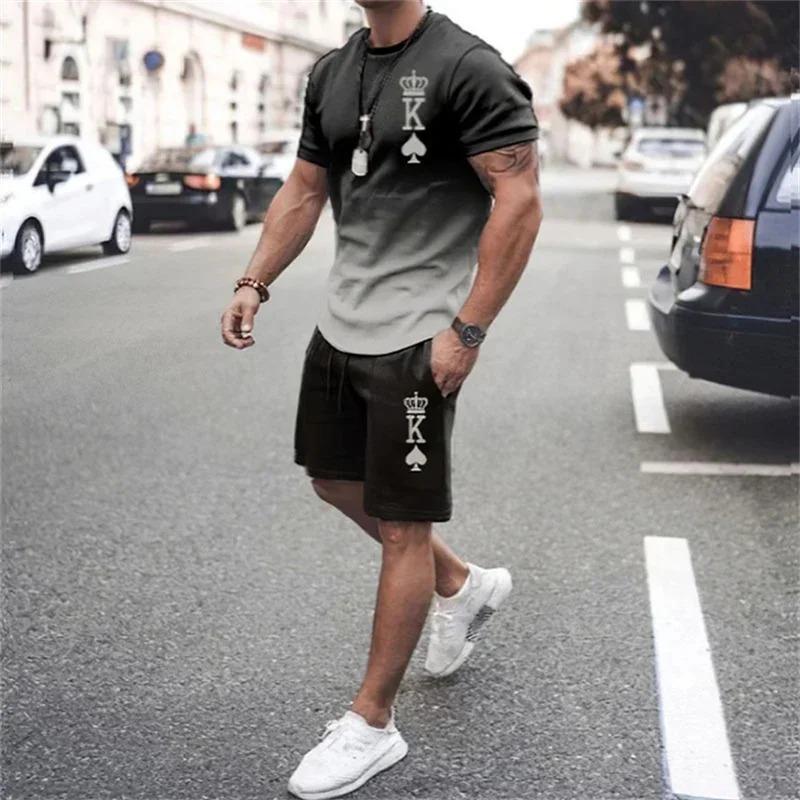 Nejnovější pánská sada trička s 3D gradientem a kraťasů, krátký rukáv, kulatý výstřih, ležérní a módní, skateboardové sportovní oblečení