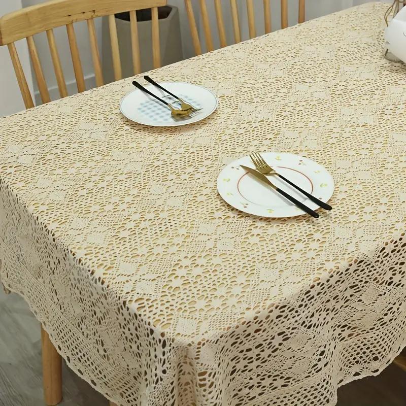 Vintage Crochet Tabletop Set Pastoral Style Lace Tablecloth With Fourleaf Flowers, Suitable For Long Tables And Family Gathering
