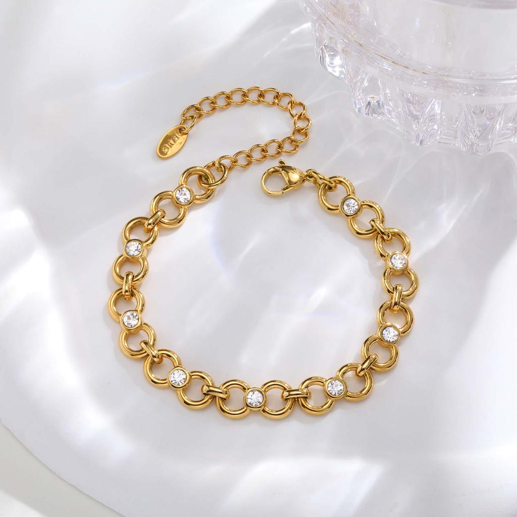 Women's Fashion Exquisite Zircon Handmade Round Chain Bracelet, 18K Gold-plated Stainless Steel Wristband, Luxury Jewelry Gift