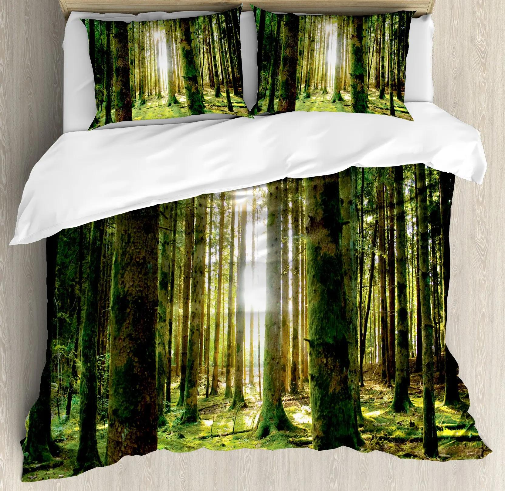 

Woodland Duvet Cover Redwood Trees Northwest Rain Forest Tropical Scenic Wild Nature Decorative Bedding Set Brown Green Adults 70x133cm 2pcs