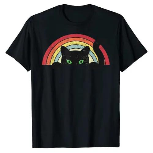 Cat Rainbow Shirt, Vintage Cute Black-Cat Teen Girls and WoUnisex Cat-Lover T-Shirt Graphic Tee Top Short Sleeve Basics Outifts